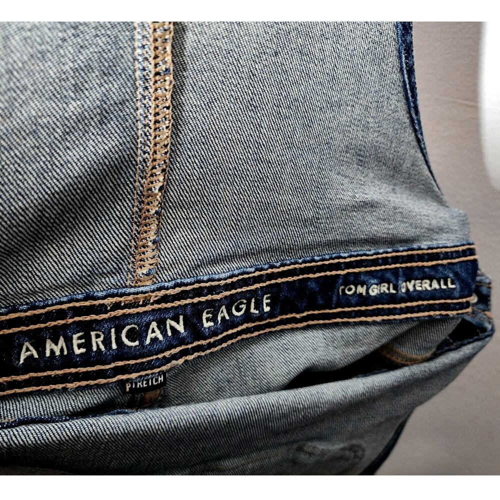 American Eagle Stretch Tomgirl Overall Bib in Destroyed Dark Wash Denim Jumpsuit - Picture 5 of 9